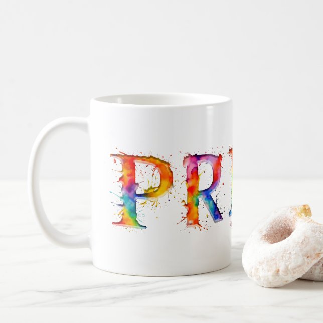 SlipperyJoe's colourful creative Pride-themed text Coffee Mug (With Donut)