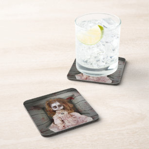 SlipperyJoe's creepy doll pale face creepy blood d Coaster