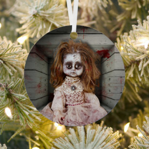 SlipperyJoe's creepy doll pale face creepy blood d Metal Ornament