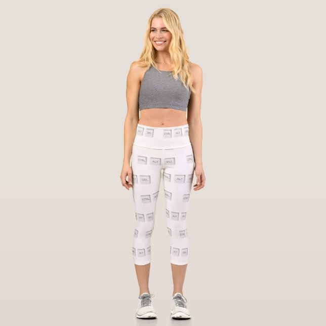 SlipperyJoe's CTRL ALT DEL buttons three white com Capri Leggings (Front)