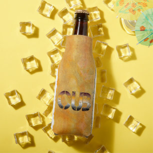 SlipperyJoe's cub bear words gold brown tan white Bottle Cooler