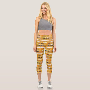 SlipperyJoe's cub bear words gold brown tan white  Capri Leggings