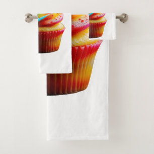 SlipperyJoe's dazzling rainbow cupcake swirled fro Bath Towel Set