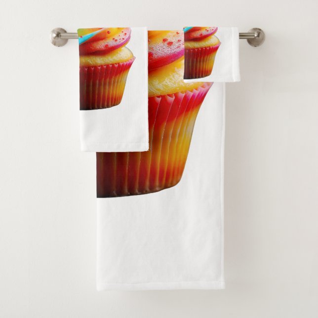 SlipperyJoe's dazzling rainbow cupcake swirled fro Bath Towel Set (Insitu)