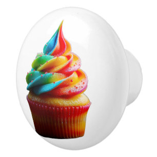 SlipperyJoe's dazzling rainbow cupcake swirled fro Ceramic Knob