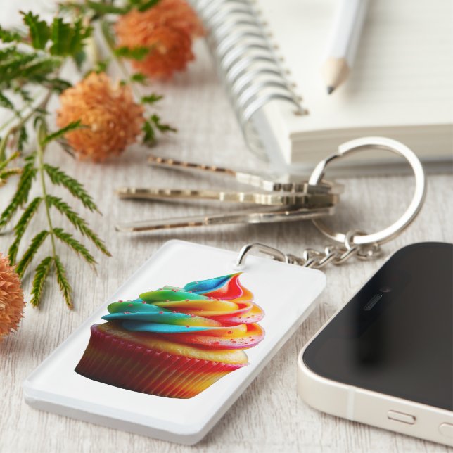 SlipperyJoe's dazzling rainbow cupcake swirled fro Keychain (Front Right)