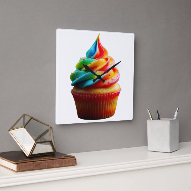 SlipperyJoe's dazzling rainbow cupcake swirled fro Square Wall Clock (Office)