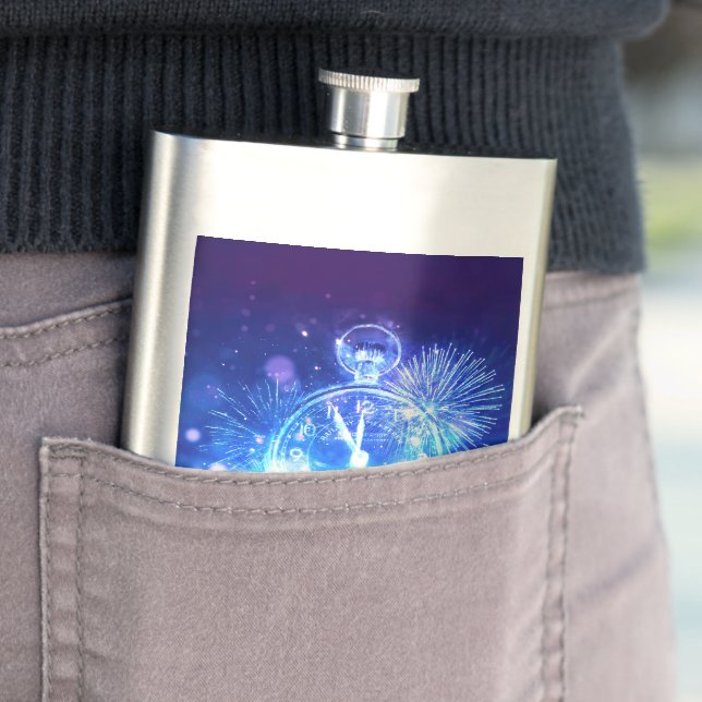 SlipperyJoe's electric thrill New Year’s Eve clock Hip Flask (In Situ)