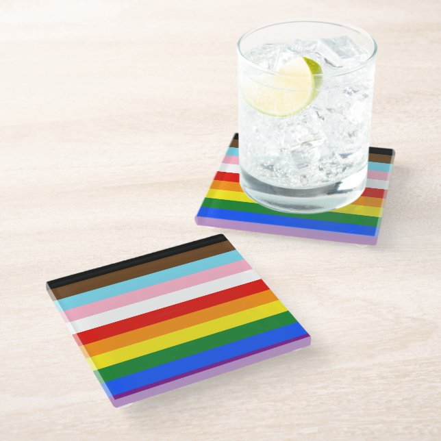 SlipperyJoe's Eleven Stripe Pride Flag blends Phil Glass Coaster (Angled)