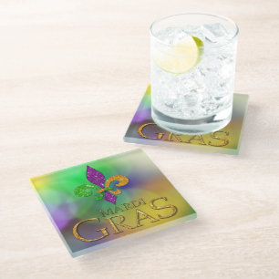 SlipperyJoe's festive Mardi Gras themed purple gre Glass Coaster