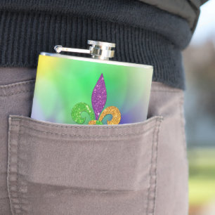 SlipperyJoe's festive Mardi Gras themed purple gre Hip Flask