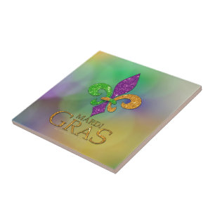 SlipperyJoe's festive Mardi Gras themed purple gre Tile
