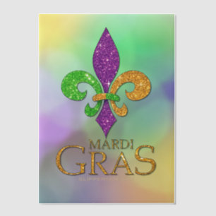 SlipperyJoe's festive Mardi Gras themed purple gre Vellum Invitations