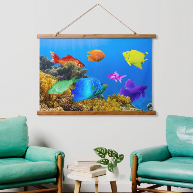 SlipperyJoe's Fish Pride tropical green blue purpl Hanging Tapestry (Living Room)