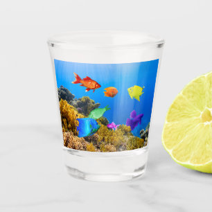 SlipperyJoe's Fish Pride tropical green blue purpl Shot Glass