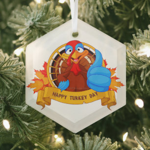 SlipperyJoe's fun cartoon-style Thanksgiving desig Glass Ornament