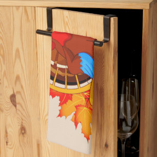 SlipperyJoe's fun cartoon-style Thanksgiving desig Kitchen Towel