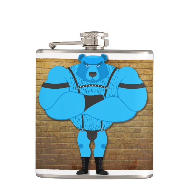 SlipperyJoe's gay muscle bear cartoon thong leathe Hip Flask (Front)