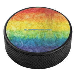 SlipperyJoe's gay pride flag rainbow colours tie-d Hockey Puck
