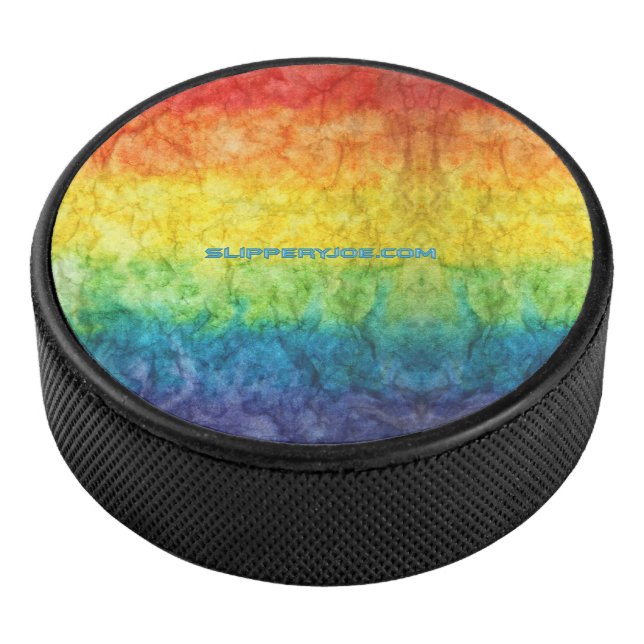 SlipperyJoe's gay pride flag rainbow colours tie-d Hockey Puck (3/4)