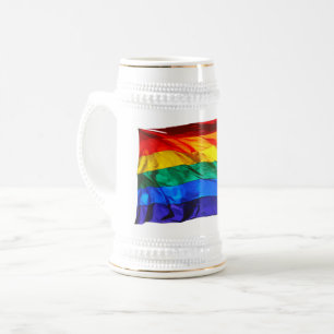 SlipperyJoe's gay pride flag waving red orange yel Beer Stein
