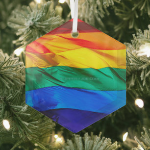 SlipperyJoe's gay pride flag waving red orange yel Glass Ornament
