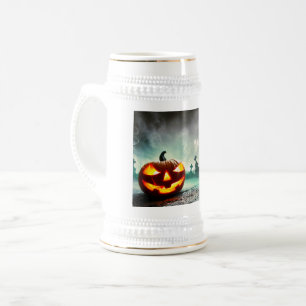 SlipperyJoe's glowing jack‑o’-lantern Halloween wa Beer Stein