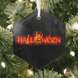 SlipperyJoe's Halloween massive fiery lettering ca Glass Ornament
