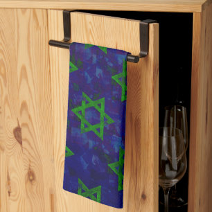 SlipperyJoe's Hanukkah green rows Stars of David c Kitchen Towel