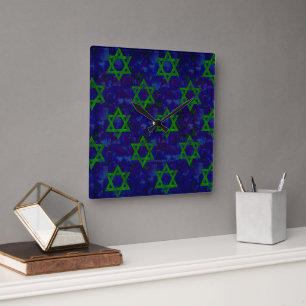 SlipperyJoe's Hanukkah green rows Stars of David c Square Wall Clock
