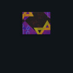 SlipperyJoe's Hanukkah-themed image golden yellow  Canvas Print<br><div class="desc">SlipperyJoe's Hanukkah-themed image golden yellow Star of David blue candles with orange flames Menorah-inspired art gift idea Jewish identity spirituality holiday retro bold symmetrical pattern diamond-shaped grid background blends tradition and vibrant design purple black chequerboard effect Hebrew religious celebration</div>