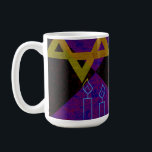 SlipperyJoe's Hanukkah-themed image golden yellow  Coffee Mug<br><div class="desc">SlipperyJoe's Hanukkah-themed image golden yellow Star of David blue candles with orange flames Menorah-inspired art gift idea Jewish identity spirituality holiday retro bold symmetrical pattern diamond-shaped grid background blends tradition and vibrant design purple black chequerboard effect Hebrew religious celebration</div>