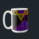 SlipperyJoe's Hanukkah-themed image golden yellow  Coffee Mug<br><div class="desc">SlipperyJoe's Hanukkah-themed image golden yellow Star of David blue candles with orange flames Menorah-inspired art gift idea Jewish identity spirituality holiday retro bold symmetrical pattern diamond-shaped grid background blends tradition and vibrant design purple black chequerboard effect Hebrew religious celebration</div>