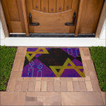 SlipperyJoe's Hanukkah-themed image golden yellow  Doormat<br><div class="desc">SlipperyJoe's Hanukkah-themed image golden yellow Star of David blue candles with orange flames Menorah-inspired art gift idea Jewish identity spirituality holiday retro bold symmetrical pattern diamond-shaped grid background blends tradition and vibrant design purple black chequerboard effect Hebrew religious celebration</div>