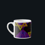 SlipperyJoe's Hanukkah-themed image golden yellow  Espresso Cup<br><div class="desc">SlipperyJoe's Hanukkah-themed image golden yellow Star of David blue candles with orange flames Menorah-inspired art gift idea Jewish identity spirituality holiday retro bold symmetrical pattern diamond-shaped grid background blends tradition and vibrant design purple black chequerboard effect Hebrew religious celebration</div>