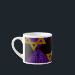 SlipperyJoe's Hanukkah-themed image golden yellow  Espresso Cup<br><div class="desc">SlipperyJoe's Hanukkah-themed image golden yellow Star of David blue candles with orange flames Menorah-inspired art gift idea Jewish identity spirituality holiday retro bold symmetrical pattern diamond-shaped grid background blends tradition and vibrant design purple black chequerboard effect Hebrew religious celebration</div>