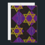 SlipperyJoe's Hanukkah-themed image golden yellow  Holiday Card<br><div class="desc">SlipperyJoe's Hanukkah-themed image golden yellow Star of David blue candles with orange flames Menorah-inspired art gift idea Jewish identity spirituality holiday retro bold symmetrical pattern diamond-shaped grid background blends tradition and vibrant design purple black chequerboard effect Hebrew religious celebration</div>