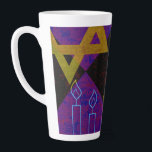 SlipperyJoe's Hanukkah-themed image golden yellow  Latte Mug<br><div class="desc">SlipperyJoe's Hanukkah-themed image golden yellow Star of David blue candles with orange flames Menorah-inspired art gift idea Jewish identity spirituality holiday retro bold symmetrical pattern diamond-shaped grid background blends tradition and vibrant design purple black chequerboard effect Hebrew religious celebration</div>