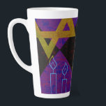 SlipperyJoe's Hanukkah-themed image golden yellow  Latte Mug<br><div class="desc">SlipperyJoe's Hanukkah-themed image golden yellow Star of David blue candles with orange flames Menorah-inspired art gift idea Jewish identity spirituality holiday retro bold symmetrical pattern diamond-shaped grid background blends tradition and vibrant design purple black chequerboard effect Hebrew religious celebration</div>