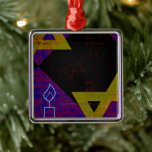 SlipperyJoe's Hanukkah-themed image golden yellow  Metal Ornament<br><div class="desc">SlipperyJoe's Hanukkah-themed image golden yellow Star of David blue candles with orange flames Menorah-inspired art gift idea Jewish identity spirituality holiday retro bold symmetrical pattern diamond-shaped grid background blends tradition and vibrant design purple black chequerboard effect Hebrew religious celebration</div>