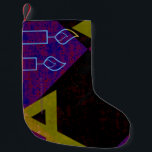 SlipperyJoe's Hanukkah-themed image golden yellow  Small Christmas Stocking<br><div class="desc">SlipperyJoe's Hanukkah-themed image golden yellow Star of David blue candles with orange flames Menorah-inspired art gift idea Jewish identity spirituality holiday retro bold symmetrical pattern diamond-shaped grid background blends tradition and vibrant design purple black chequerboard effect Hebrew religious celebration</div>