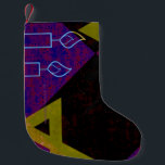 SlipperyJoe's Hanukkah-themed image golden yellow  Small Christmas Stocking<br><div class="desc">SlipperyJoe's Hanukkah-themed image golden yellow Star of David blue candles with orange flames Menorah-inspired art gift idea Jewish identity spirituality holiday retro bold symmetrical pattern diamond-shaped grid background blends tradition and vibrant design purple black chequerboard effect Hebrew religious celebration</div>