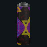 SlipperyJoe's Hanukkah-themed image golden yellow  Thermal Tumbler<br><div class="desc">SlipperyJoe's Hanukkah-themed image golden yellow Star of David blue candles with orange flames Menorah-inspired art gift idea Jewish identity spirituality holiday retro bold symmetrical pattern diamond-shaped grid background blends tradition and vibrant design purple black chequerboard effect Hebrew religious celebration</div>