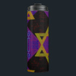SlipperyJoe's Hanukkah-themed image golden yellow  Thermal Tumbler<br><div class="desc">SlipperyJoe's Hanukkah-themed image golden yellow Star of David blue candles with orange flames Menorah-inspired art gift idea Jewish identity spirituality holiday retro bold symmetrical pattern diamond-shaped grid background blends tradition and vibrant design purple black chequerboard effect Hebrew religious celebration</div>