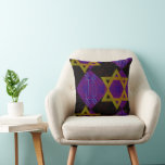 SlipperyJoe's Hanukkah-themed image golden yellow  Throw Pillow<br><div class="desc">SlipperyJoe's Hanukkah-themed image golden yellow Star of David blue candles with orange flames Menorah-inspired art gift idea Jewish identity spirituality holiday retro bold symmetrical pattern diamond-shaped grid background blends tradition and vibrant design purple black chequerboard effect Hebrew religious celebration</div>