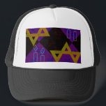 SlipperyJoe's Hanukkah-themed image golden yellow  Trucker Hat<br><div class="desc">SlipperyJoe's Hanukkah-themed image golden yellow Star of David blue candles with orange flames Menorah-inspired art gift idea Jewish identity spirituality holiday retro bold symmetrical pattern diamond-shaped grid background blends tradition and vibrant design purple black chequerboard effect Hebrew religious celebration</div>