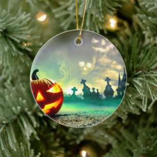 SlipperyJoe's Happy Halloween cemetery graveyard c Ceramic Ornament