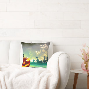 SlipperyJoe's Happy Halloween cemetery graveyard c Throw Pillow