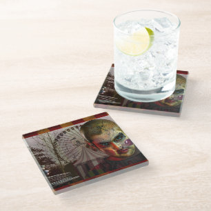 SlipperyJoe's Happy Halloween creepy doll face bal Glass Coaster