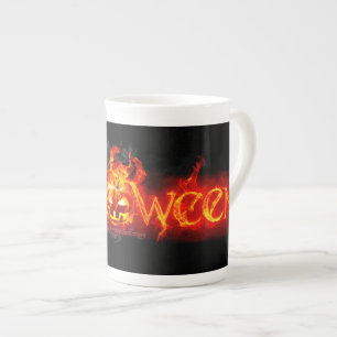 SlipperyJoe's Happy Halloween pumpkin glowing eyes Bone China Mug